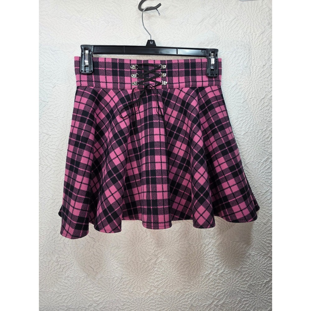 Hot Topic Skater Skirt Womens Medium Pink Black Plaid Good Lace Up Corset Emo
